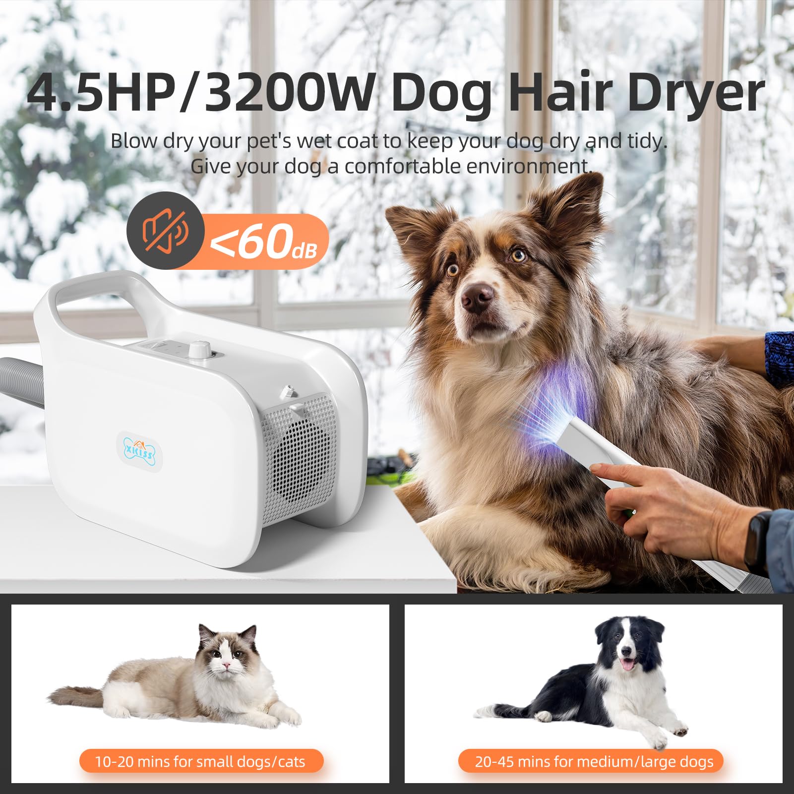 XKISS pulseur pour chien Sèche-cheveux pour animaux 3200W / 4.5HP,Low Noise Sèche-cheveux pour chiens,Souffleur pour sécheur chiens Chaleur et vitesse réglables,avec filtre à air et 3 buses.（Blanc）