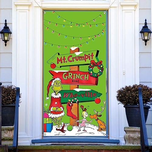 Grinchmas - Cubierta para puerta de Whoville, Feliz Navidad, invierno, vacaciones, temporada de fiesta, pancarta de fotografía para el hogar,