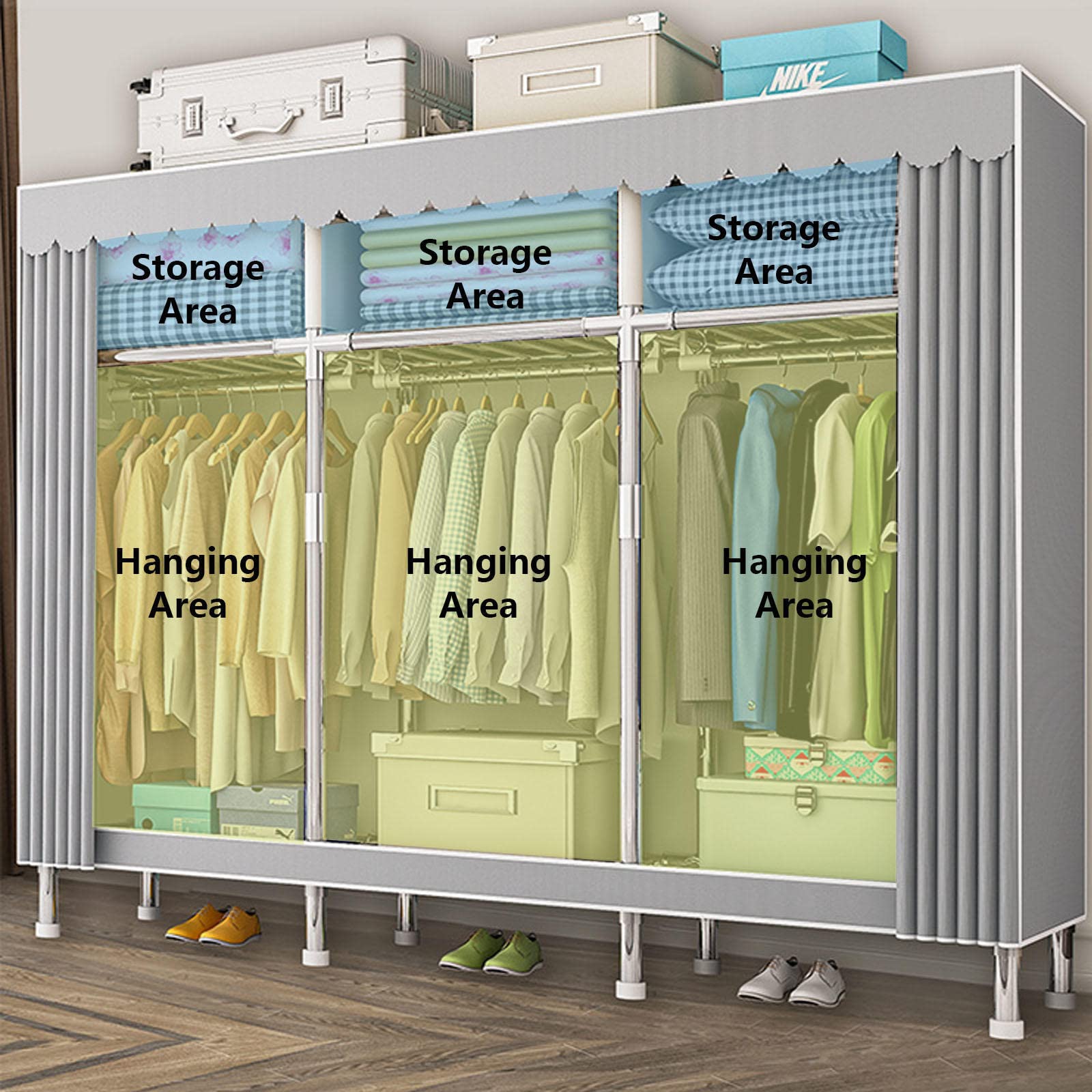 Armario Armario de Lona portátil con Riel para Colgar,Estantes,Organizador de Almacenamiento de Ropa de Tela para Dormitorio,Sala de Estar,168x46x173cm