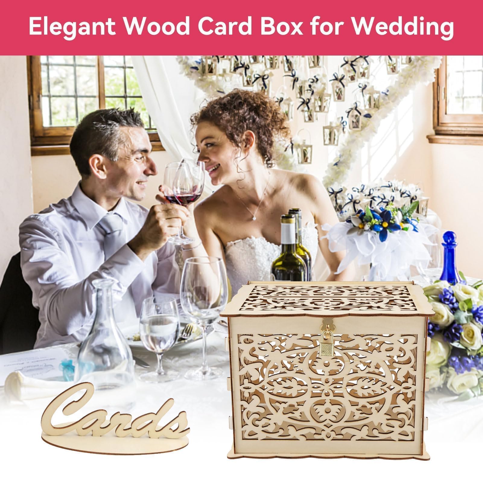 HERCHR Porta Buste di Carte di Nozze in Legno con Coperchio e Serratura, Porta Buste per Ricevimento Matrimonio Anniversario con Serratura