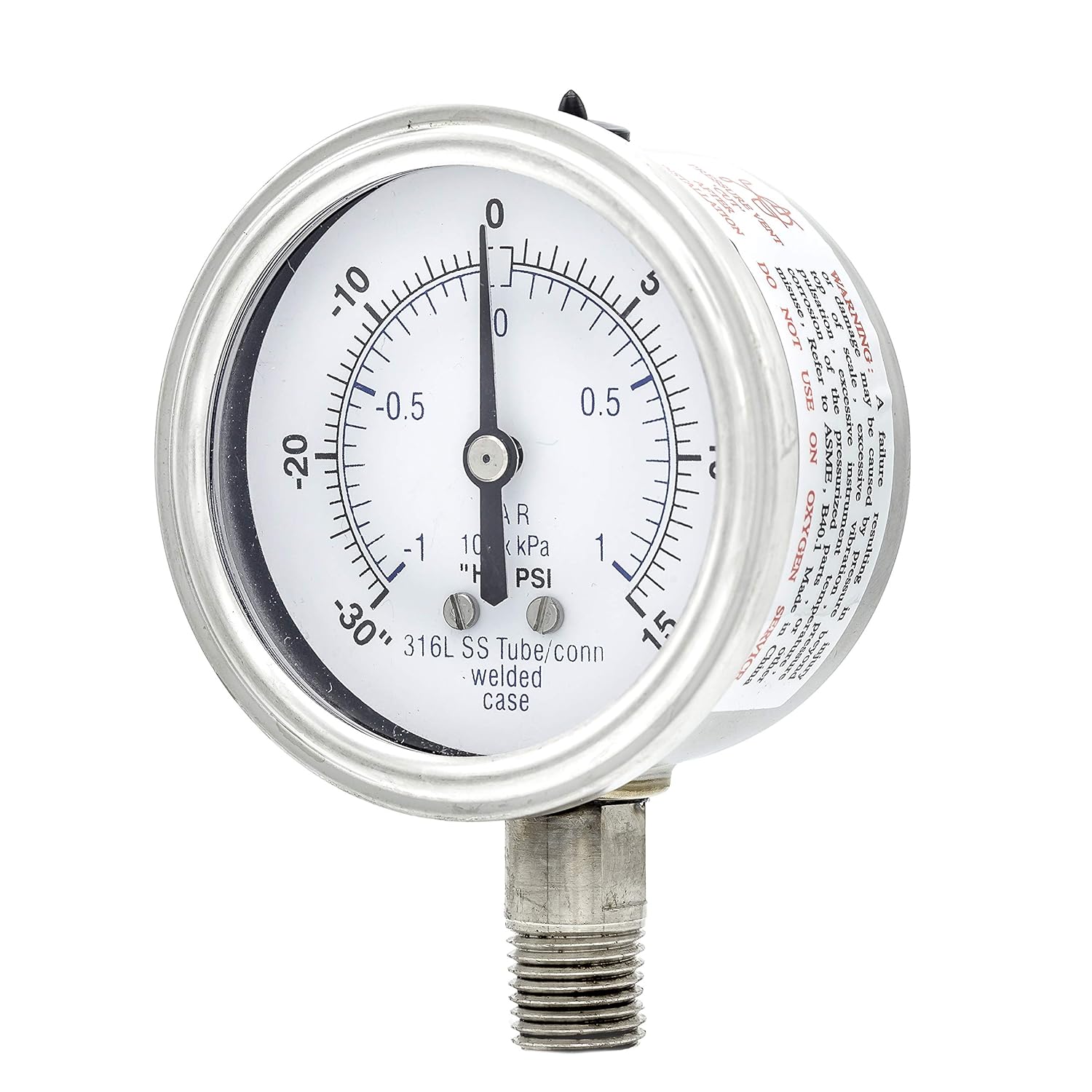 PIC Gauge 301DFW-254CB 2.5" Dial, 30/0/15 psi Range, 1/4" Male NPT Connection Size, Bottom Mount Dry Pressure Gauge with a Stainless Steel Case and Internals, Stainless Steel Bezel, and Polycarbonate Lens