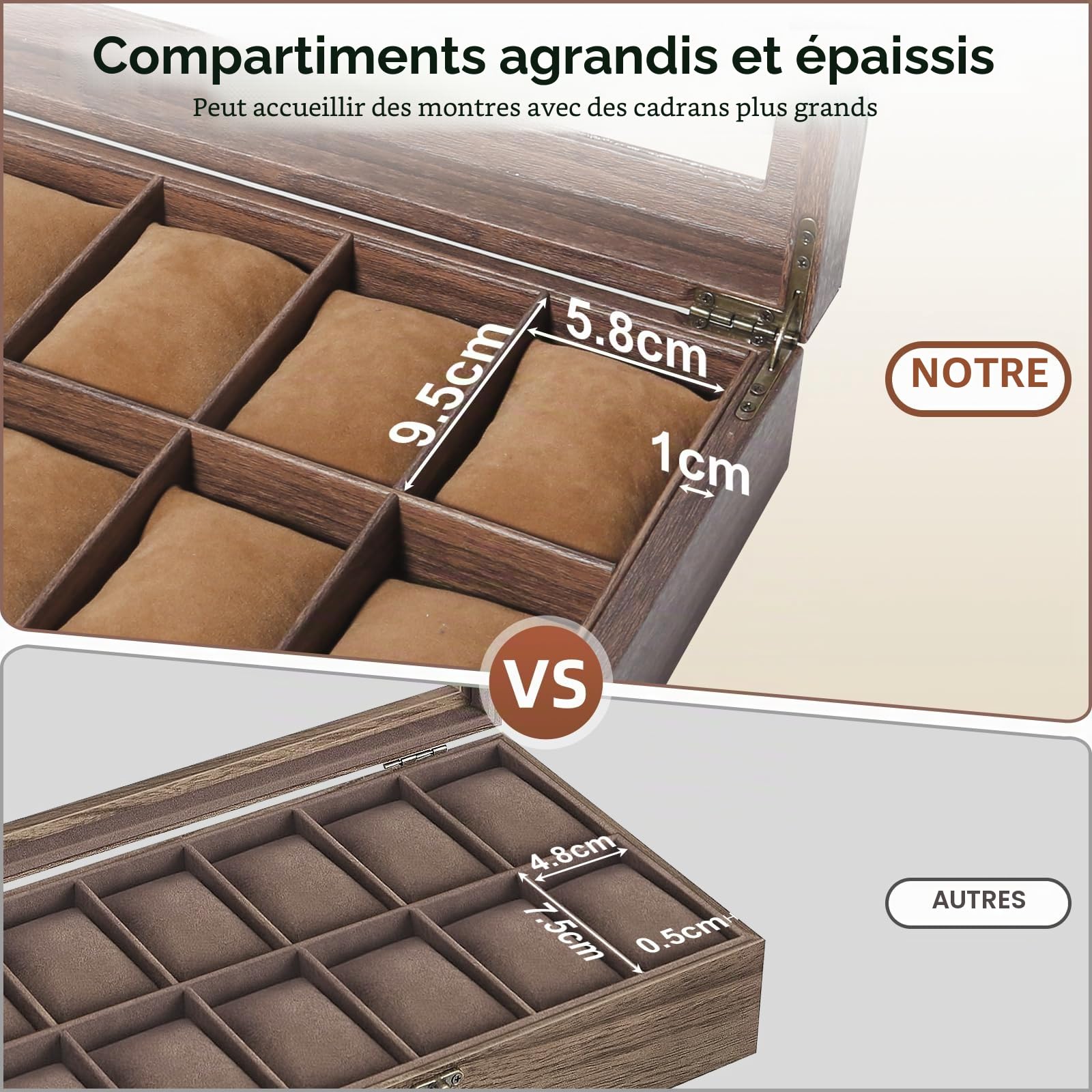 Uten Boîte à Montres avec 12 Compartiments, Vitrine de Montres, Boîte de Rangement pour Montres avec Coussin Amovible, Grain de Bois
