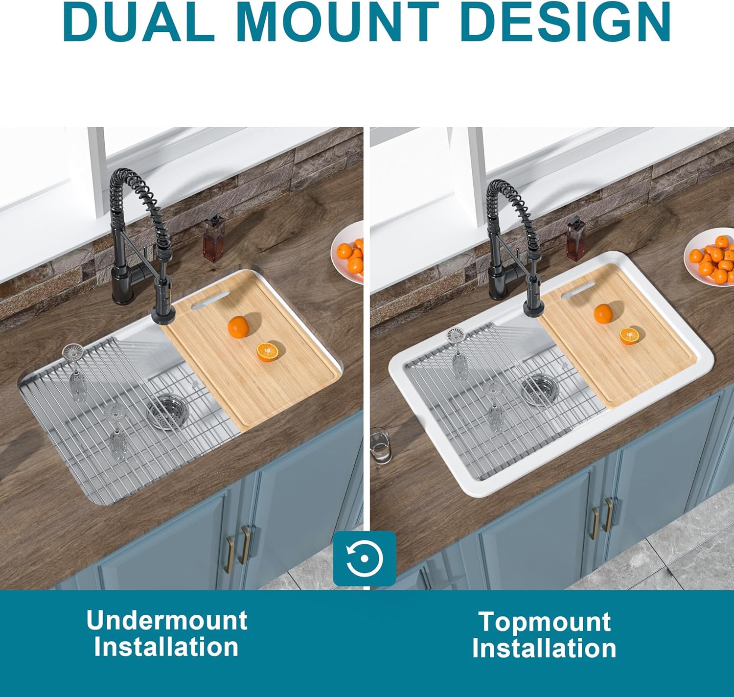 Undermount Workstation Kitchen Sink White 30 x 19 Inch, Fireclay Sink Drop In Single Bowl, Dual Mount Heavy Duty Deep Basin, Included Cutting Board, White, for Kitchen