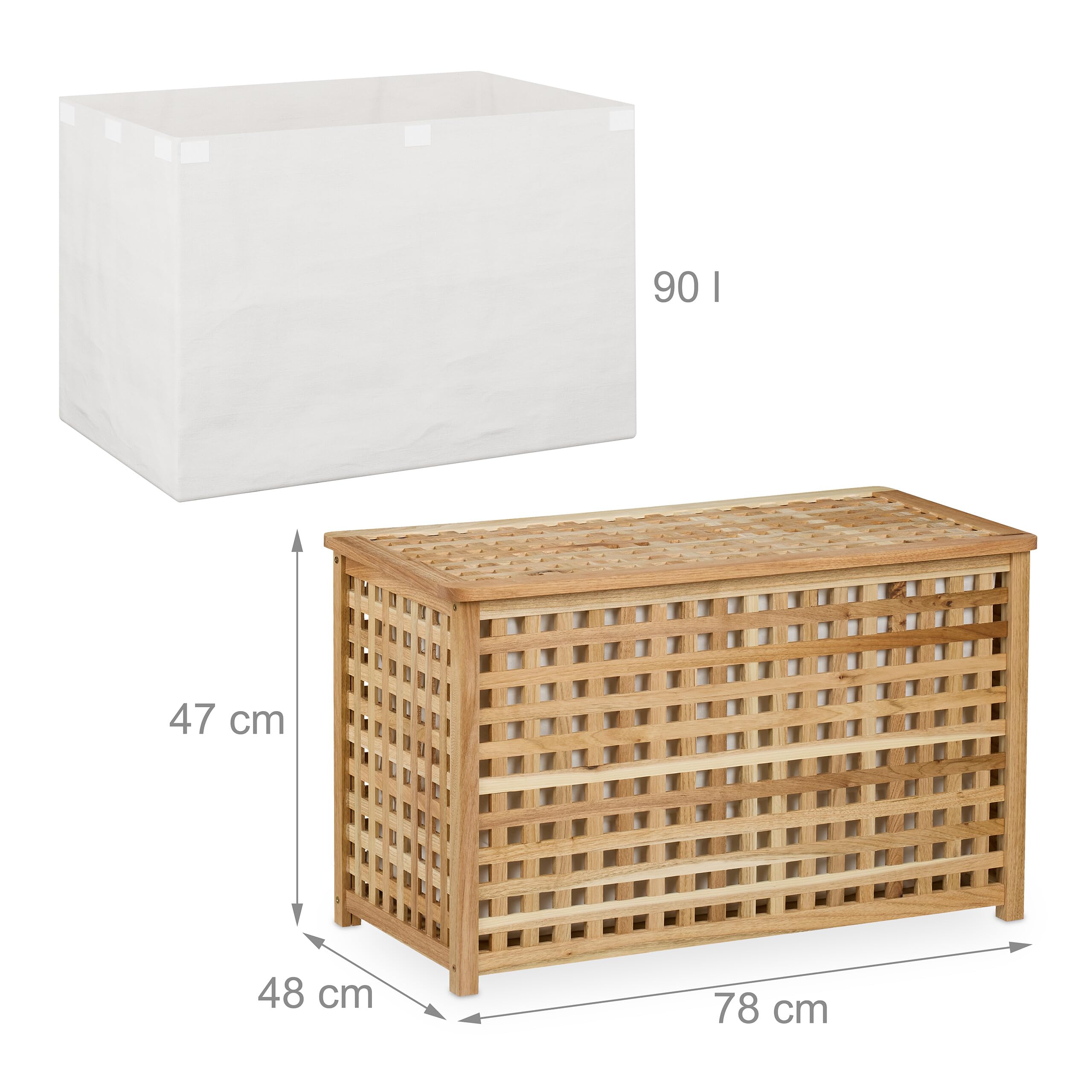 Relaxdays Wäschetruhe, herausnehmbarer Innensack, 90 l, HBT: 47x78x48 cm, Wäschesammler mit Deckel, Walnussholz, natur