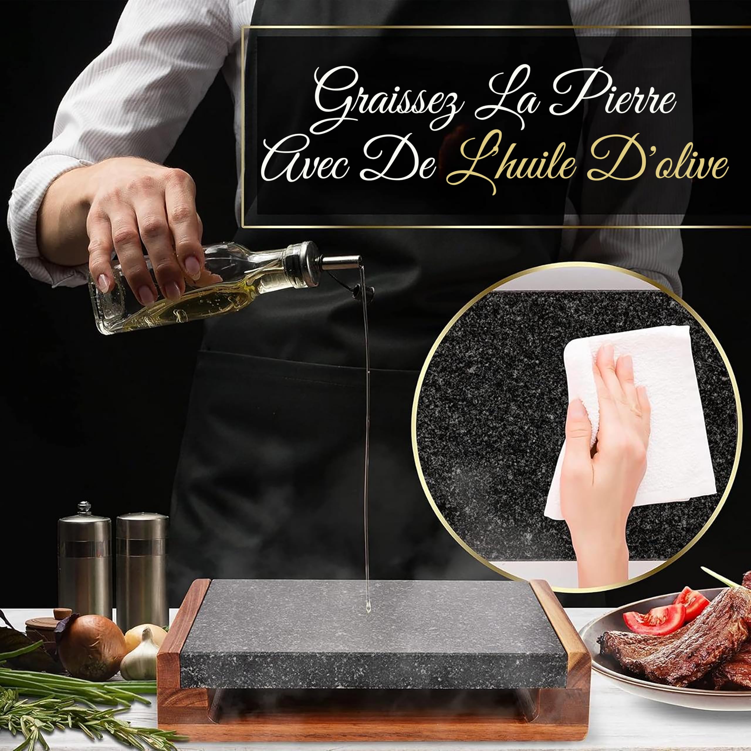 Nutrichef Ensemble de Grillade avec Pierre de Cuisson- Plaque Grésillante en Roche Volcanique pour Steak, BBQ et Viandes Cuit et Retien-Plateau Chauffant pour Servir les Aliments