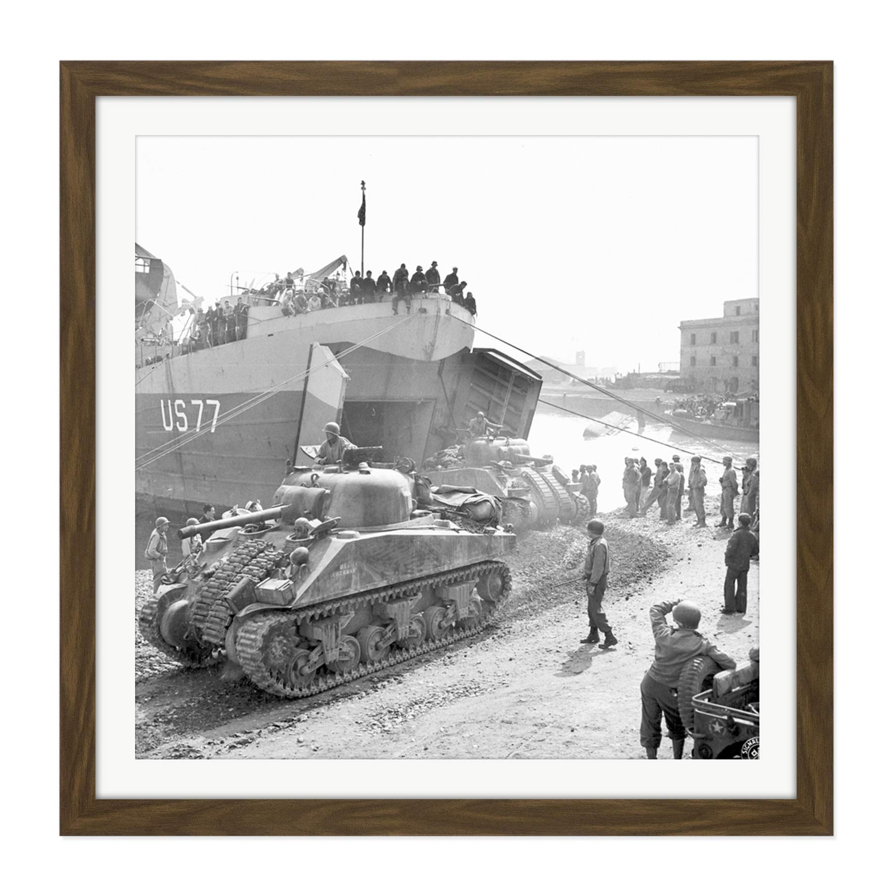 War WWII USA Armoured Tank Regiment Anzio 1944 Photo Square Wooden Framed Wall Art Print Picture 16X16 Inch