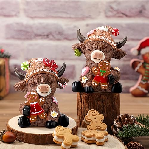Miniatura 5 de Karenhi 2 figuras de vaca de las tierras altas de Navidad, hombre de jengibre, gnomos de vaca de las tierras altas, estatua de resina escocesa para