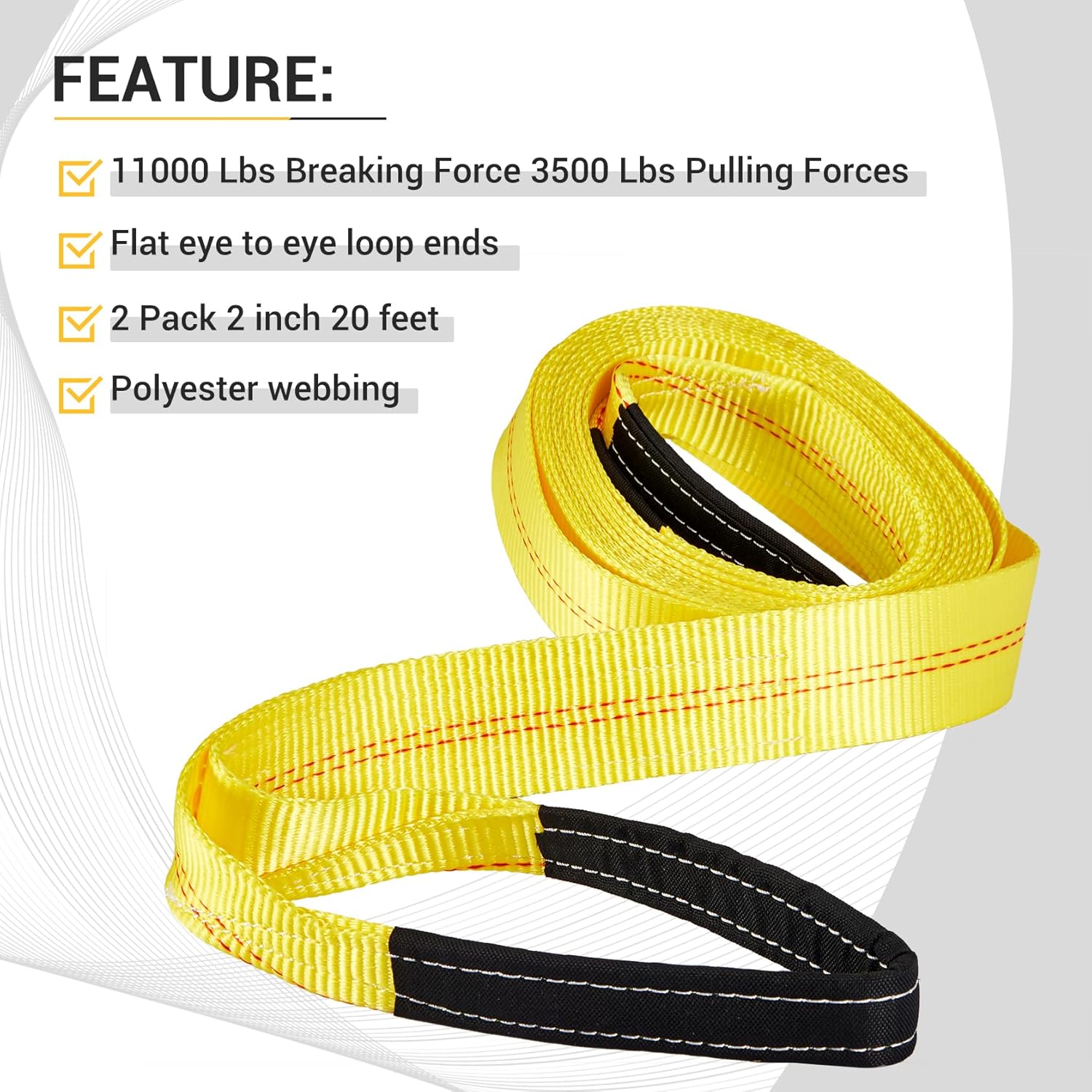 Pindex 2 Pack 2" x 20' Web Lifting Sling 11000 Lbs Breaking Force 3500 Lbs Pulling Forces Lift Sling Straps for Rocks Trees Mowers Tool Boxes in Trailers Tractors Trucks, Yellow - Image 2