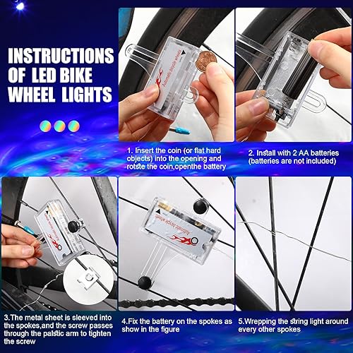 Miniatura 4 de VIHOSE 4 piezas de luz LED de discoteca para bicicleta, 2 ruedas de bicicleta, 1 marco de luces LED y 1 faro con batería para bicicleta, accesorios
