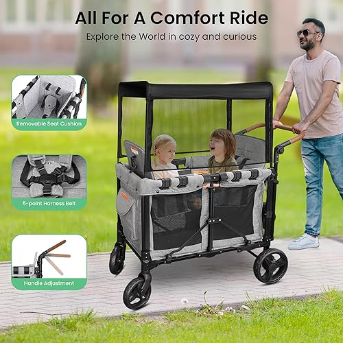 Miniatura 5 de Cochecito para 2 niños  Cochecito de empuje de doble plaza con toldo  Carro plegable plegable para niños pequeños y bebés con almohadillas de