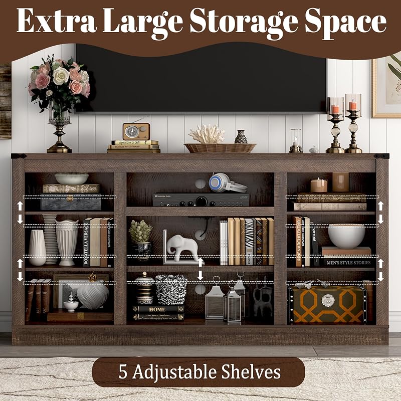 Hlivelood 66" Farmhouse TV Stand for 75 Inch TV, 33" Tall Entertainment Center with Power Outlets & Sliding Barn Door, Wood TV Stands with Storage, TV Media Console for Living Room, Brown image 4