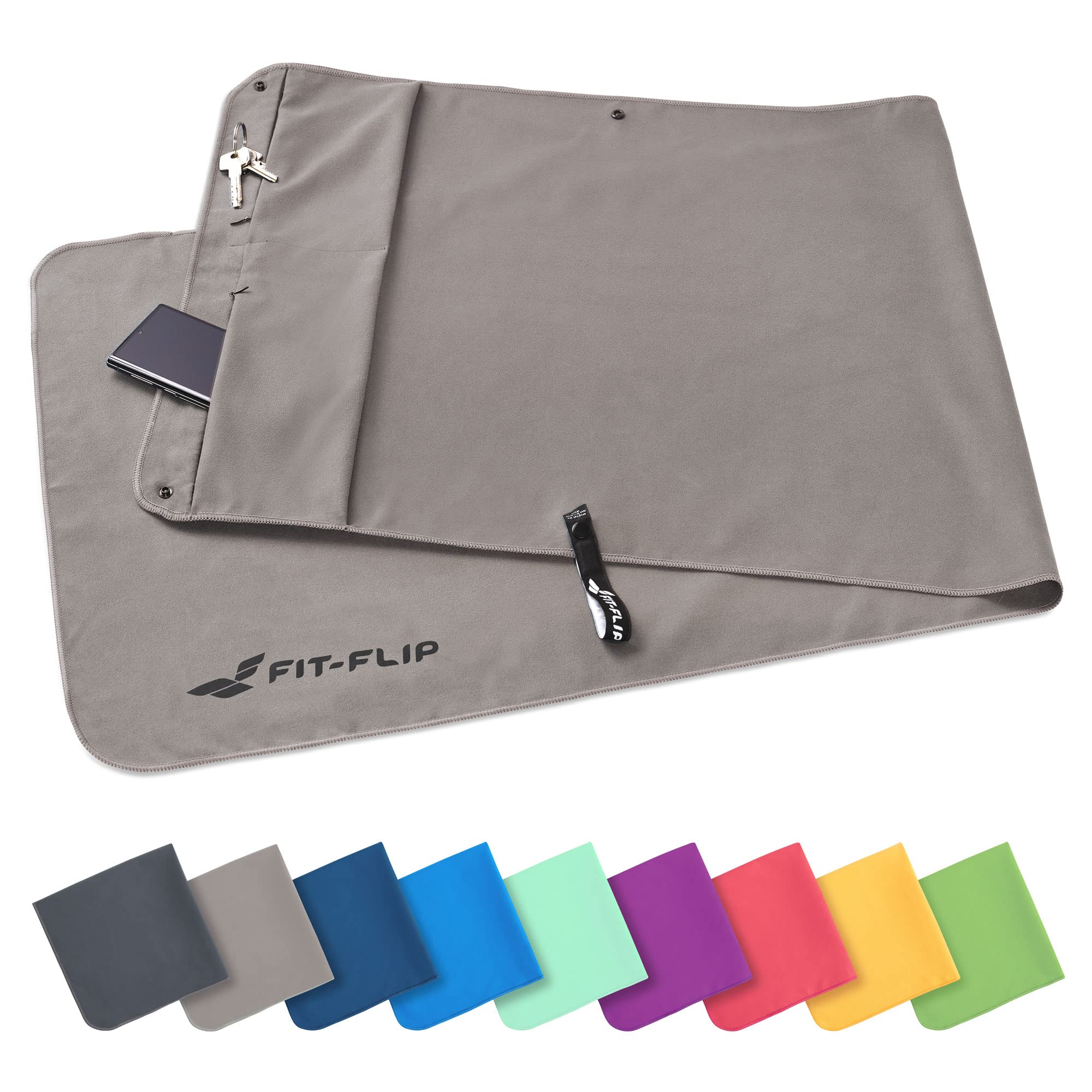 Fit-Flip Asciugamano Sportivo con Scomparto a Cerniera e Clip Magnetica - Telo in Microfibra - Compatto e ad Asciugatura Rapida - Accessori da Palestra uome e Donna