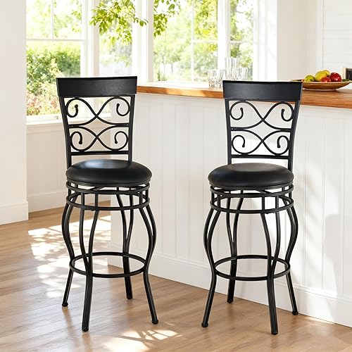 ERGOMASTER Juego de 2 taburetes de bar giratorios de 30 pulgadas, taburetes de bar de metal vintage con respaldo, asiento acolchado de cuero para