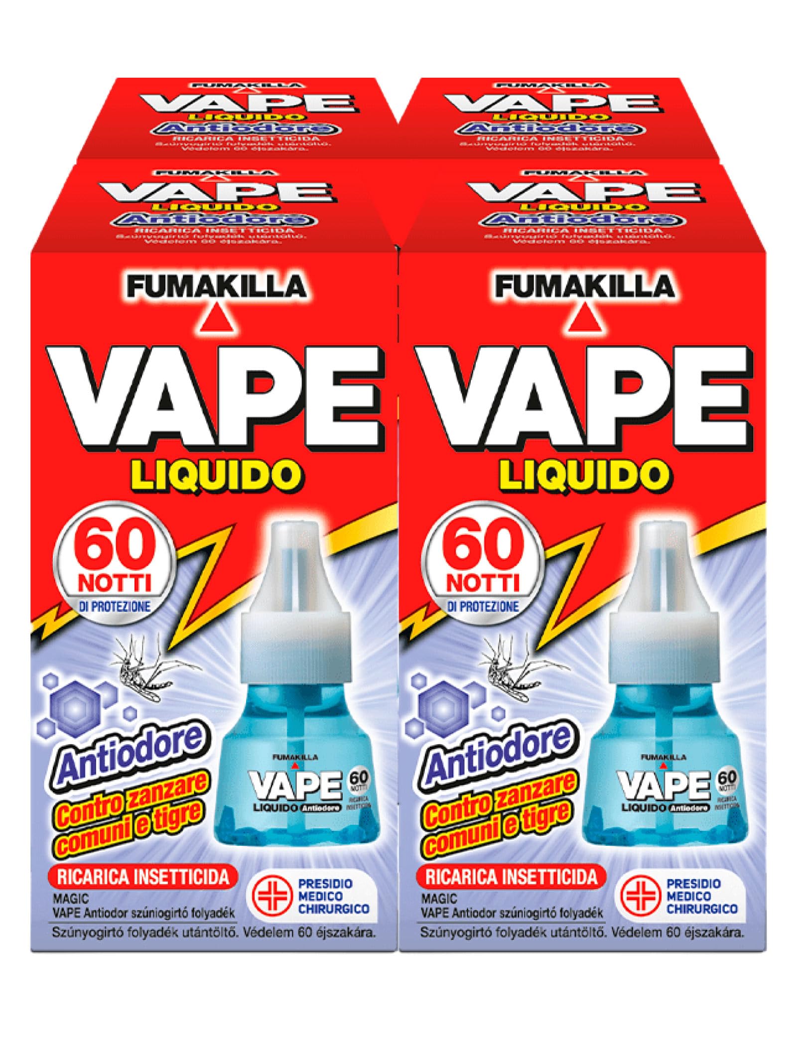 Vape Anti-Odour Liquid Refill 60 Nights for Electric Diffuser Insecticide  Common Mosquitoes Tigers and Flies Medical Surgical Device  4 Packs :  Amazon.it: Health & Household