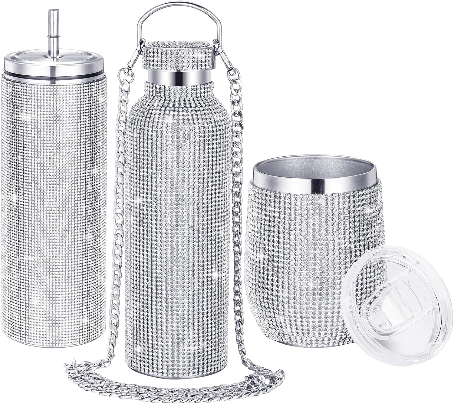 Rtteri 3 Pcs Bling Water Bottle Rhinestone Stainless Steel Bling Cup Stemless