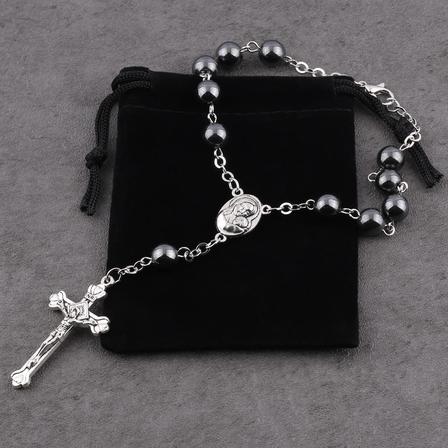 Hematite Beads Auto Rosary, Car Rosary One Decade Catholic Rosary with Clasp, with Terra Jerusalem Medal Centerpiece and Crucifix Medal Hang on Mirror Rearview (Black) - Image 2