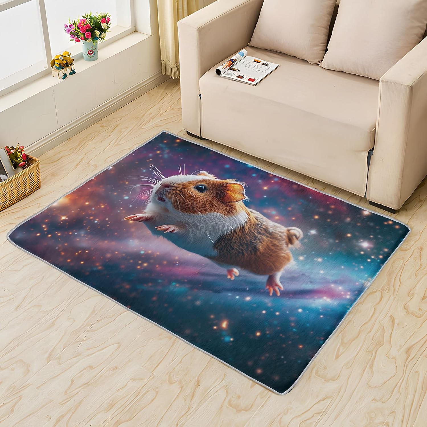 Kids Galaxy Hamster Rug 5x7 for Boys Bedroom - Funny Bone Room Decor Large Area Rugs, Outer Space Carpet for Nursery Playroom Classroom, Soft Non Slip Washable Floor Rug