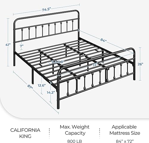 Miniatura 2 de Topeakmart Base de cama de metal de estilo victoriano tamaño California King con cabecero, base de colchón, no necesita somier, almacenamiento