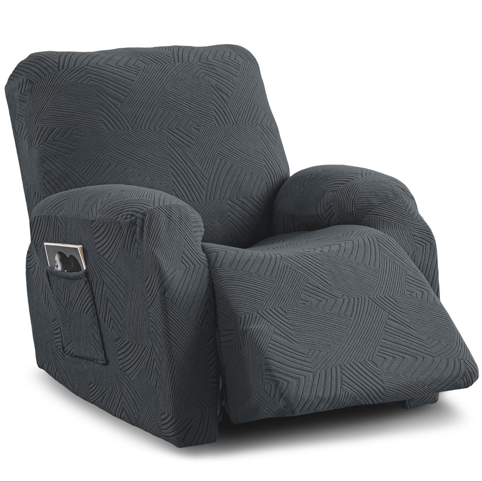 Photo 1 of Cushonix Recliner Chair Covers,4-Piece Stretch Geometric Strokes Jacquard Reclining Chair Slipcovers,Furniture Protector with Side Pocket,Soft Breathable Couch Cover Pet-Friendly,1 Seater Dark Gray
