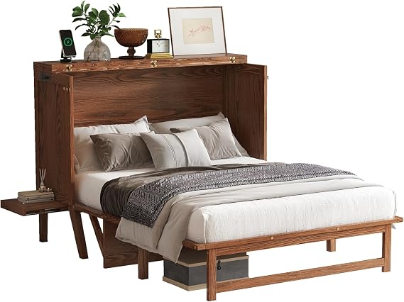 Full Size Murphy Cabinet Bed with Desk Combo and 2 Removable Shelves, USB Charging Station, Murphy Chest Dresser Foldable Bed, Space Saving for Small Space - Walnut