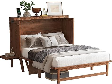 Full Size Murphy Cabinet Bed with Desk Combo and 2 Removable Shelves, USB Charging Station, Murphy Chest Dresser Foldable Bed, Space Saving for Small Space - Walnut