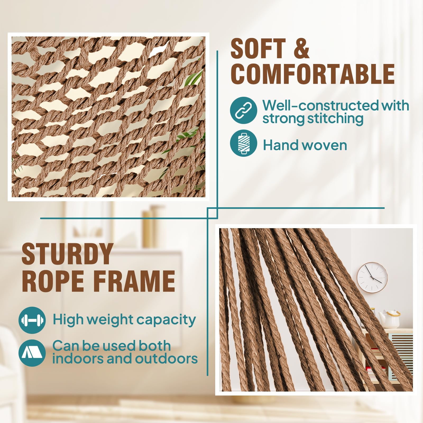 Silla hamaca súper grande de tejido de cuerda de algodón hilado suave, plegable y resistente, barra esparcidora de metal, asiento ancho, sillas oscilantes elásticas para interiores y exteriores 3