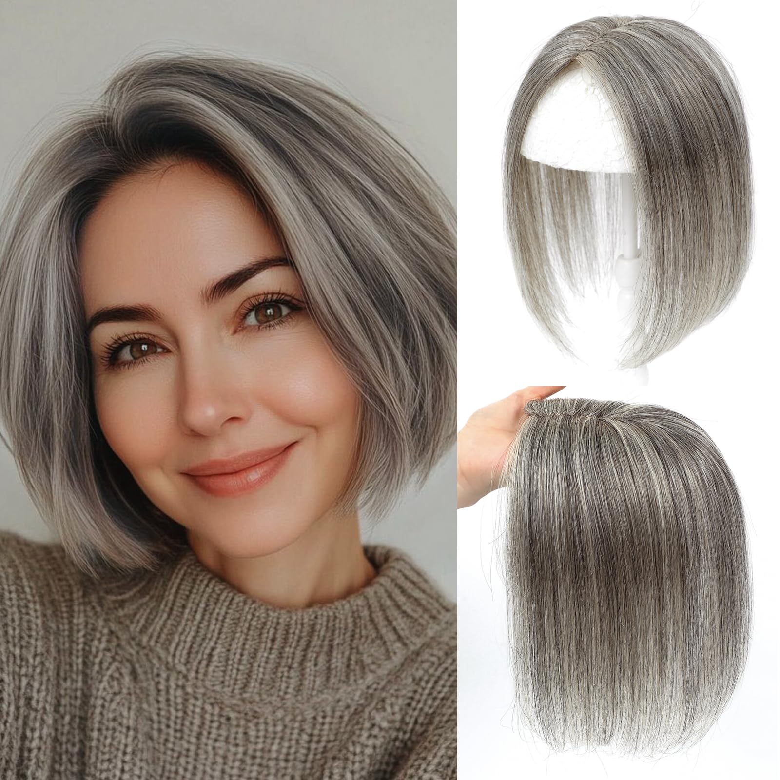 UIPEUBO Real Human Hair Toppers for Women with Thinning Hair 3 * 4.5 Inch Upgrade Swiss Lace Base Toppers No Bangs for Cover Gray Hair Roots (P1016#)