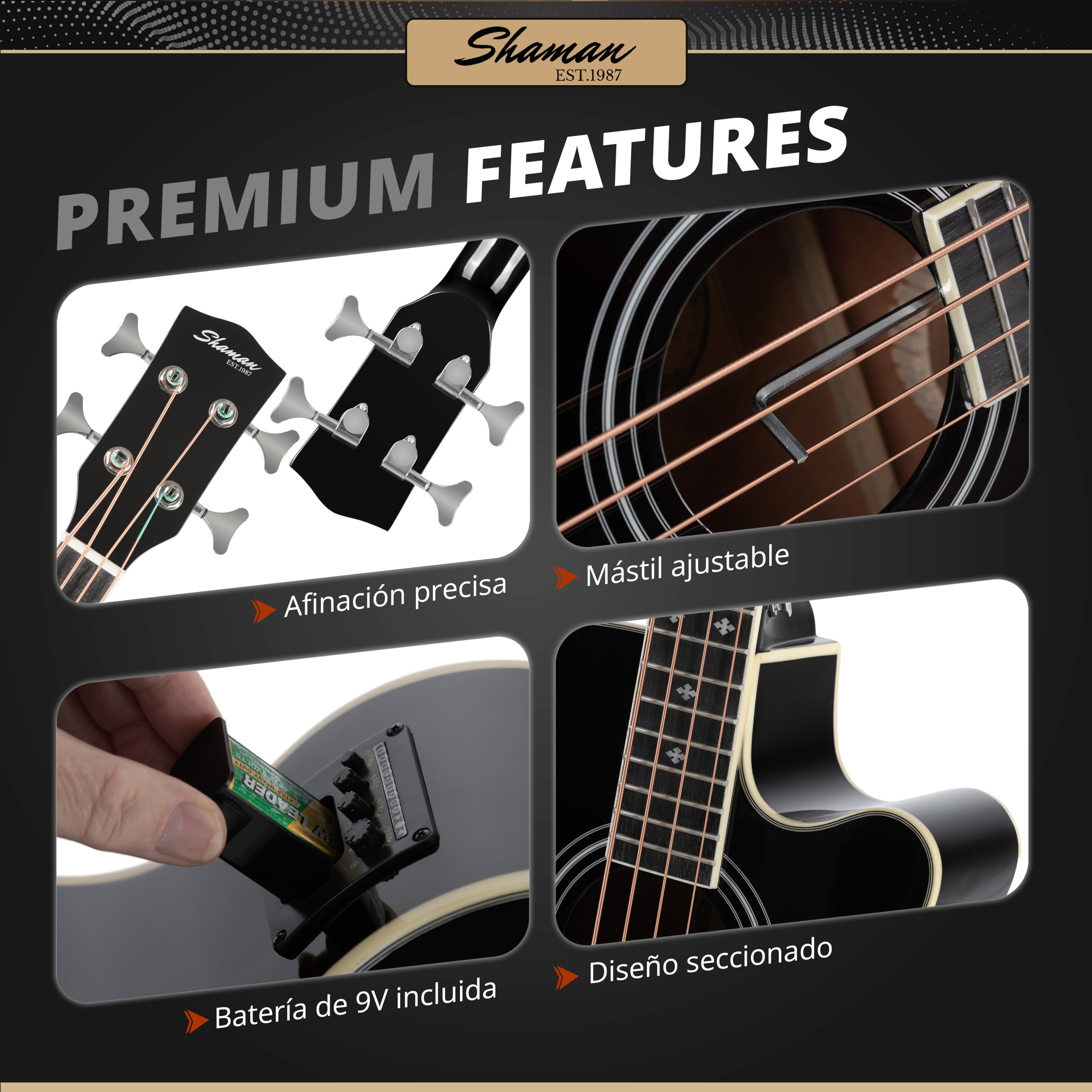 Shaman AB4-50CE-BK Bajo Acústico Negro, General, Modell: AB4-50CE-BK | Gewicht: 2, 8 kg, Anzahl Saiten: 4, Orientierung: Para diestros, Korpus, Korpusform: Jumbo con Cutaway, Decke: Abeto, Hals