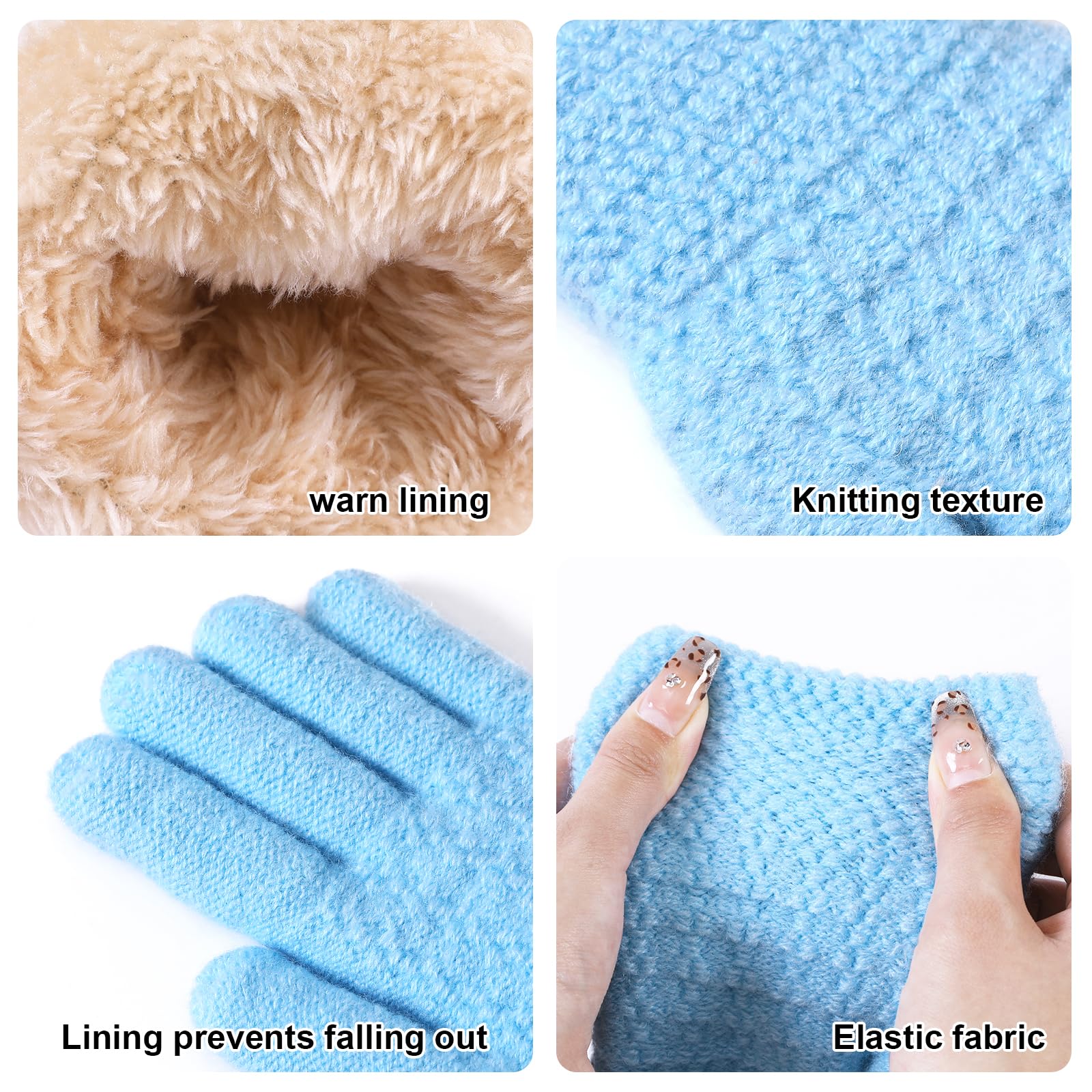 Winter Gloves for Boys Girls - Kids Warm Knit Thermal Cable Knitted Gloves Wool Fleece Lined Mittens for Cold Weather (Sky blue, 1 Pair)