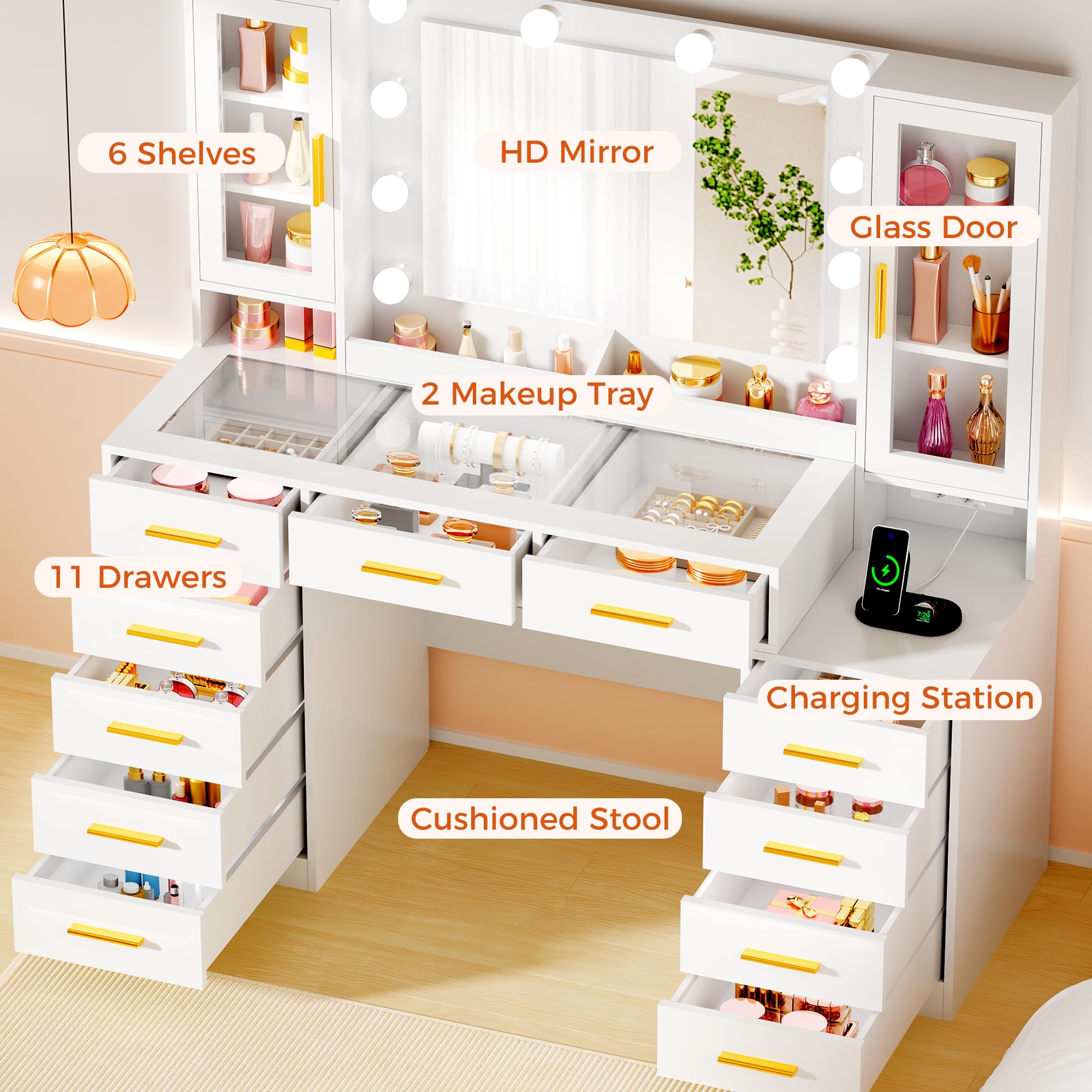 ANWBROAD 135cm Coiffeuse Moderne avec Miroir LED, Table de Maquillage avec Plateau en Verre et Prises Luminosité Réglable, Grande Blanche Coiffeuse avec 11 Tiroirs 6 Étagères pour Chambre Femme BDT23W
