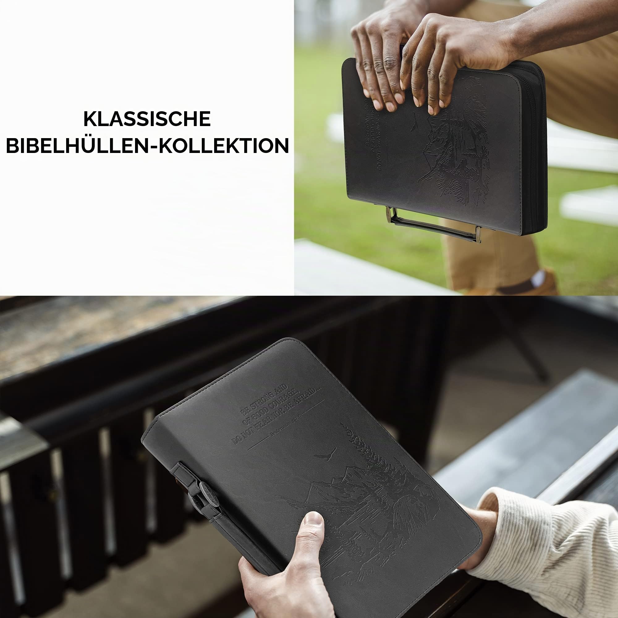 DEHITE Bibelhülle für Damen und Herren, Leder-Bibel-Tragetasche, groß, mittelgroß, passend für Bücher 17,8 x 25,7 x 4,8 cm, Stiftfächer, Reißverschlussfach, hochwertiges Kunstleder, schwarzes