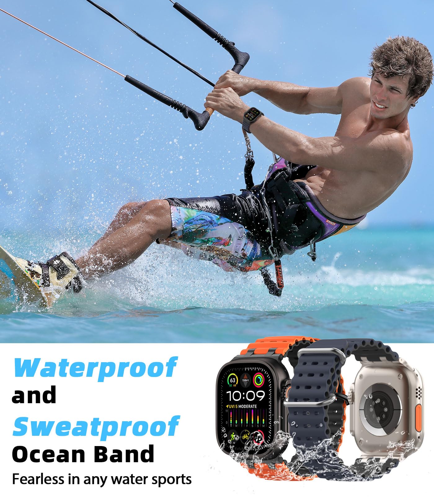 MoKo Cinturino Ocean Compatibile con Apple Watch Ultra 3/2/1 49 mm, S11/S10 46 mm, 9/8/7 45 mm, SE3/SE2/SE/6/5/4 44 mm, 3/2/1 42 mm, Cinturino Sportivo in Silicone Traspirante