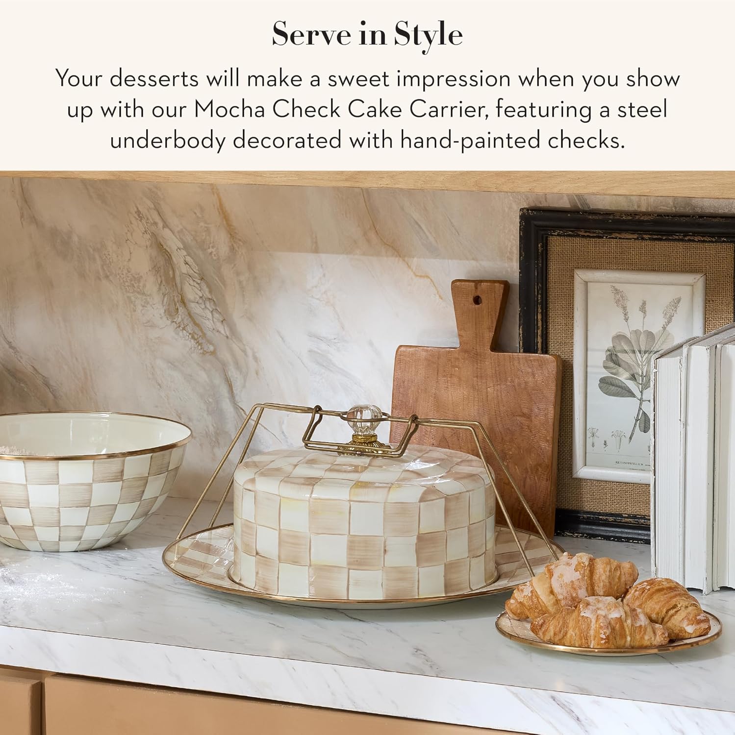 MACKENZIE-CHILDS Enamel Cake Carrier, Cake-Dish Serving Platter with Lid and Handles, Brown-and-White Mocha Check