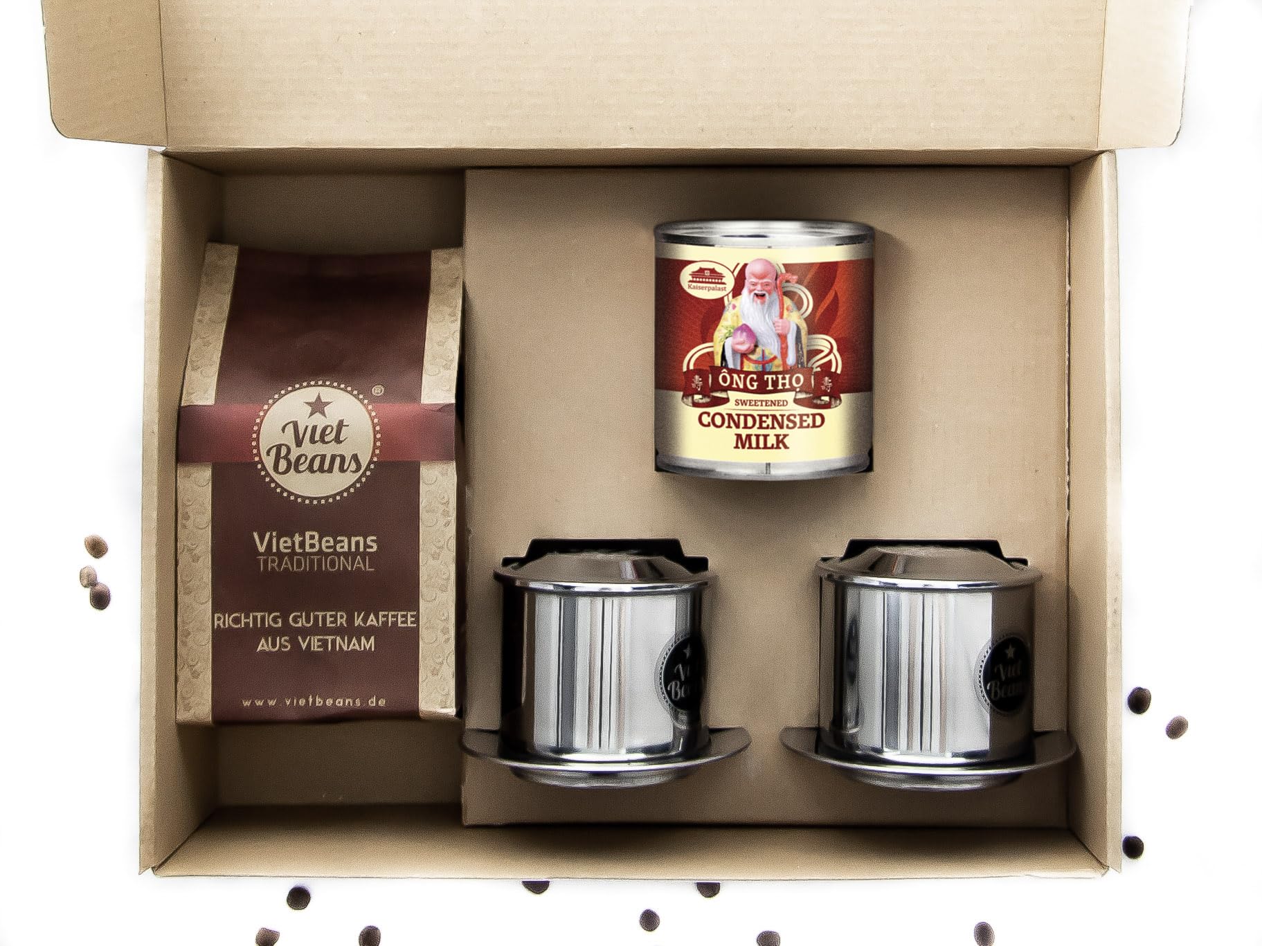 VietBeans Geschenkset Frühstück zu zweit Kaffeegeschenk 250g gemahlener Traditional 2x Edelstahlfilter Phin Kondensmilch