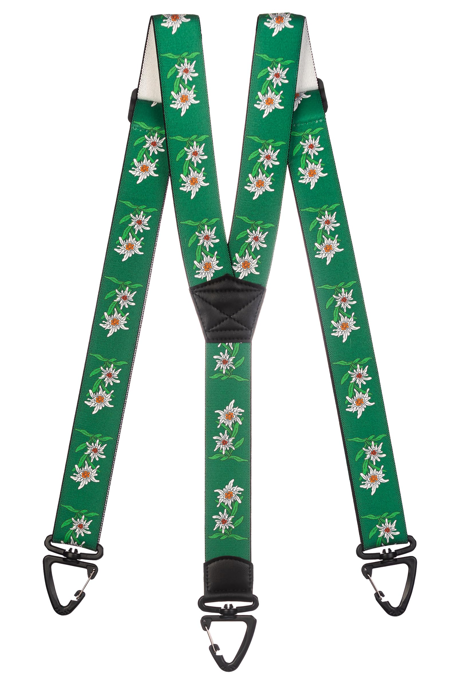 Olata Men's Green Heavy Duty Y-Shape Braces/Suspenders With Edelweiss Pattern And Plastic Carabiner Clips - 4Cm.