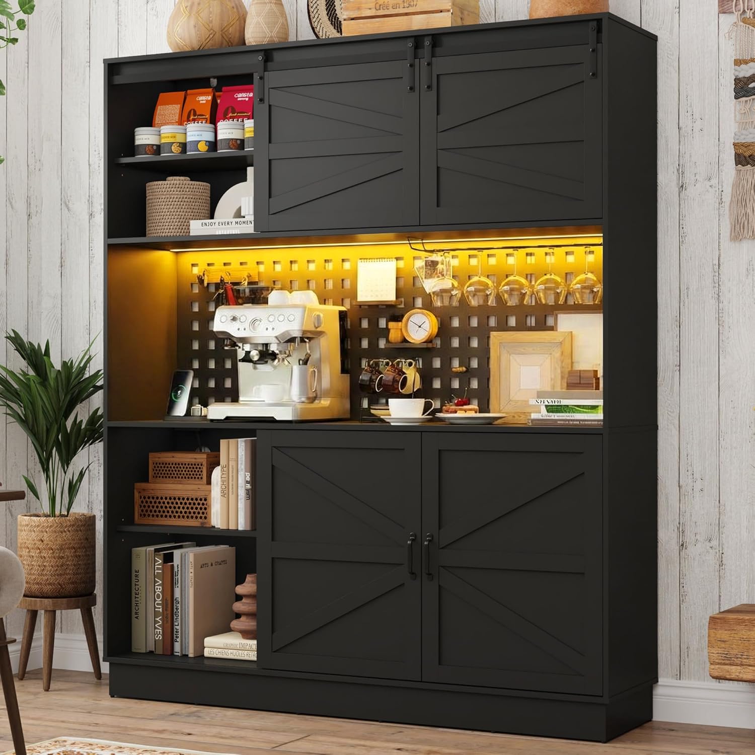 75”Tall 63"W Extra Large LED Farmhouse Kitchen Storage Pantry Hutch Cabinet w/Power Outlet,Pegboard,Coffee Bar Cabinets,Microwave Shelf,Wine Rack,4 Barn Doors,2 Drawers, Dining Room,Black