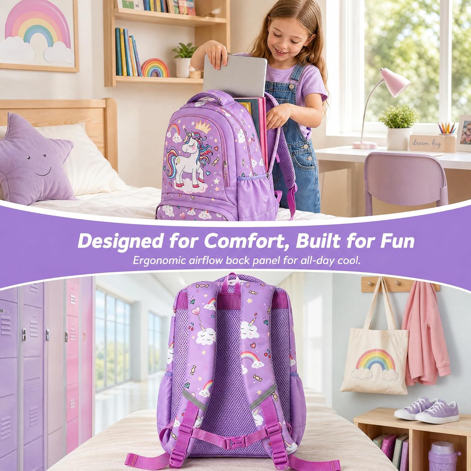 Unicorn Backpack for Girls School Backpack for Girls Unicorn Bookbag School Bag Set for Elementary Back to School image 4