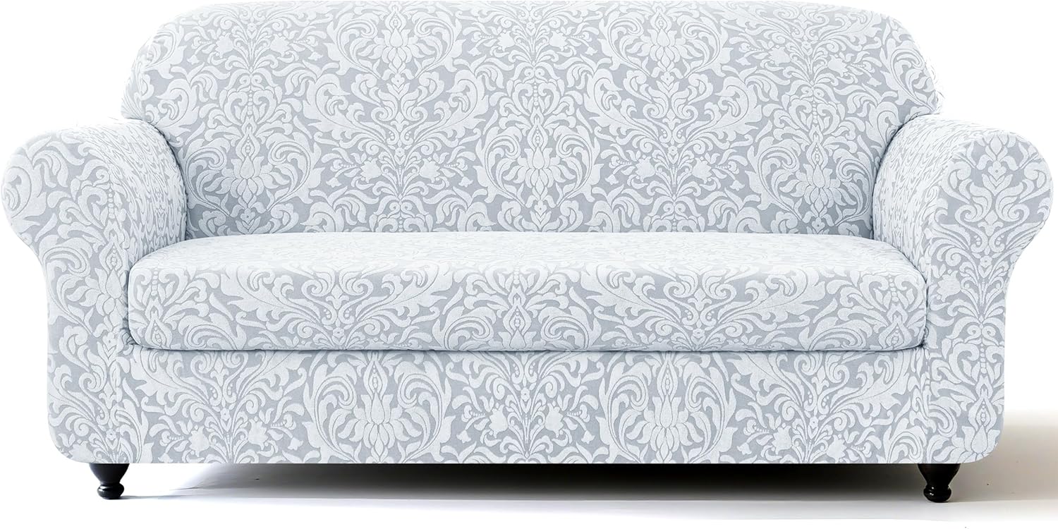 SUBRTEX 2 Piece Couch Covers, Jacquard Damask 3 Seater Sofa Cover with Seat Cushion, Stretch Sofa Slipcovers Non Slip Furniture Protector for Dogs Pets (Large, Light Grey) Light Gray - Damask Large