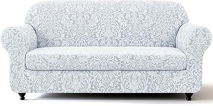 SUBRTEX 2 Piece Couch Covers, Jacquard Damask 3 Seater Sofa Cover with Seat Cushion, Stretch Sofa Slipcovers Non Slip Furniture Protector for Dogs Pets (Large, Light Grey)