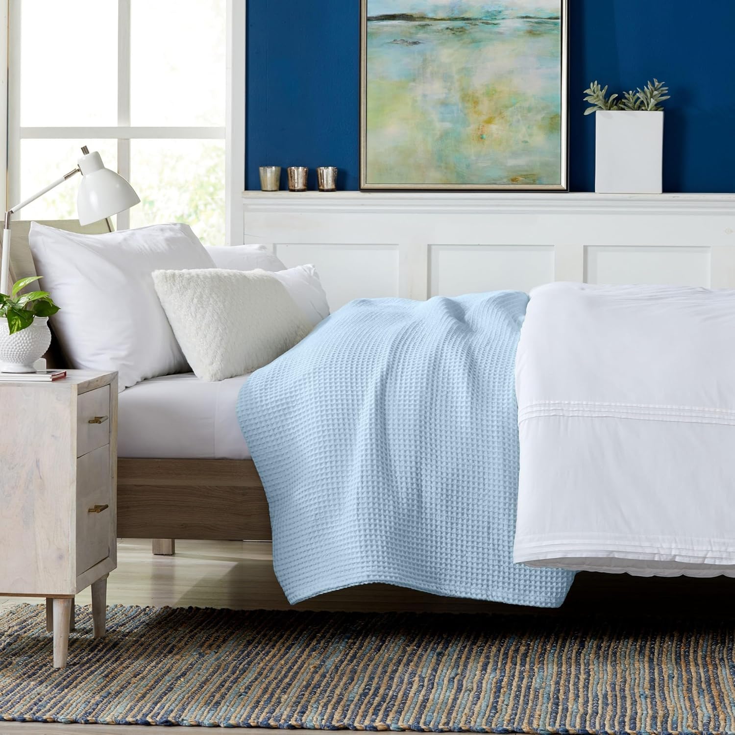 100% Cotton Waffle Weave Queen Bed Blanket | Soft, Breathable, and Lightweight Blanket for All-Seasons | Perfect for Layering | Brielle Collection (King, Sky Blue) - Image 4