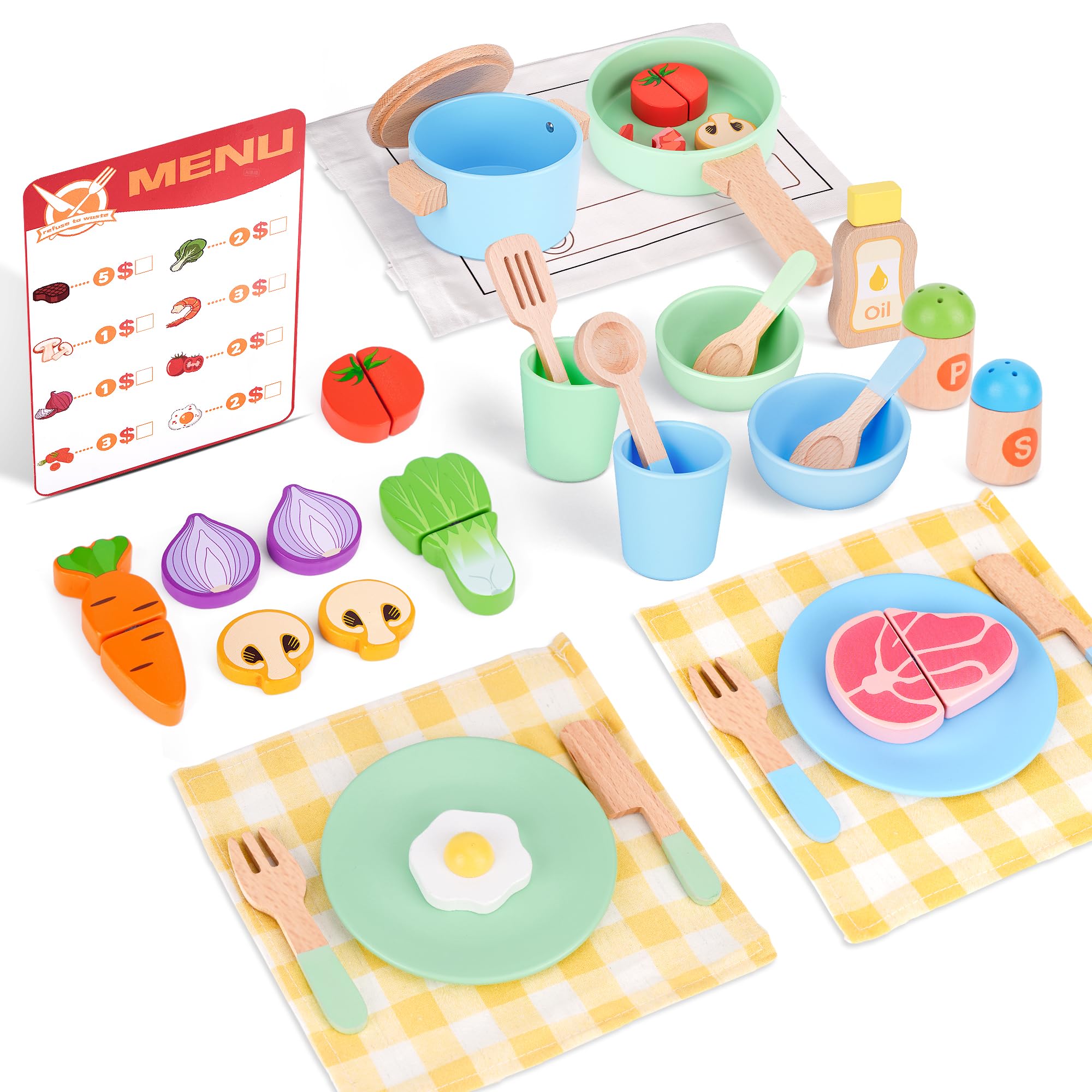 Kinderküche Matschküche Zubehör, Spielküche Zubehör Holz, Kinderküche Zubehör mit Töpfe und Kochgeschirr, Küchenzubehör Kinder Holzspielzeug Geschenk für 3 4 5 Jahre Mädchen Jungen