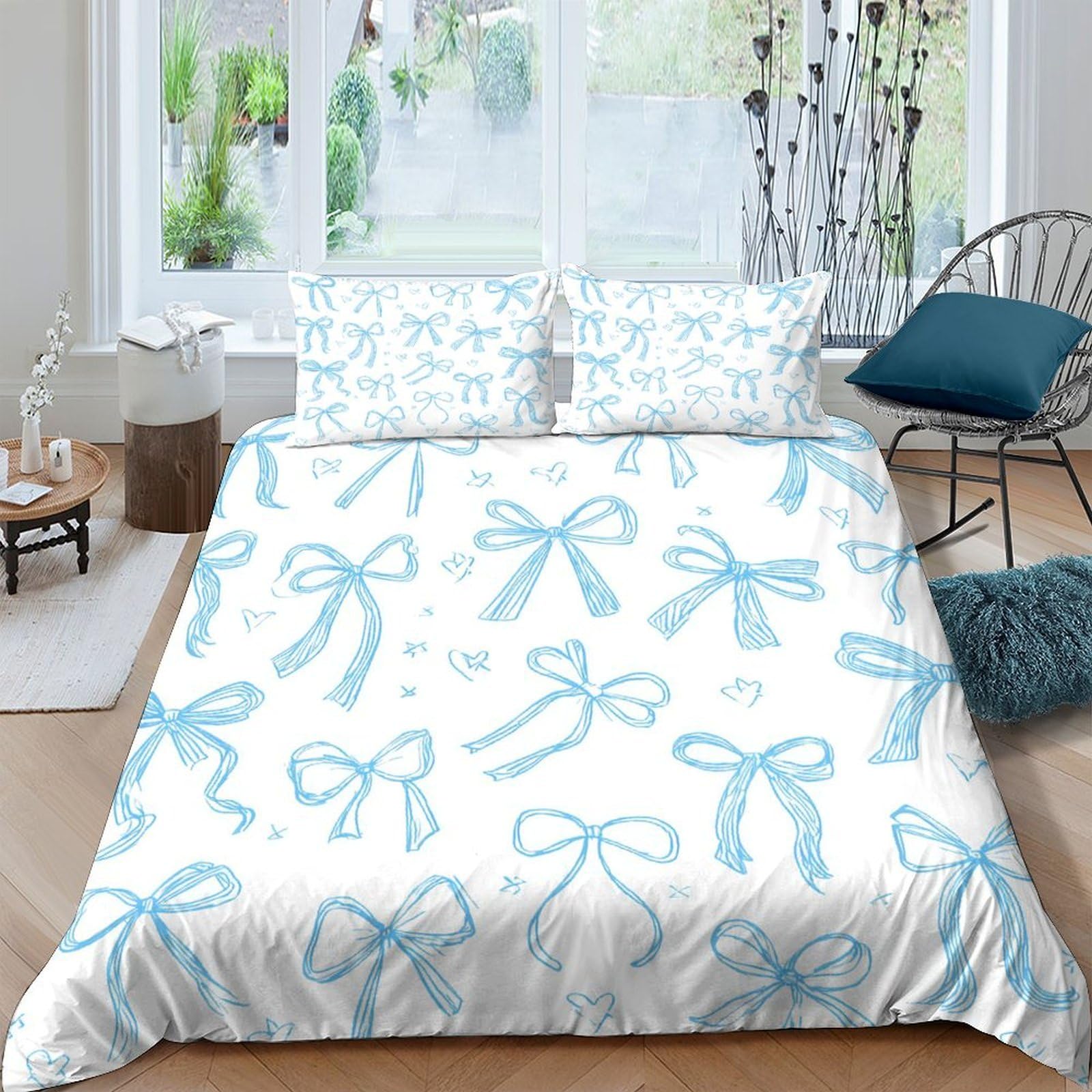 Ctjqhvkz Style-6 3D Printed Blue Ribbon Fitted Sheet Microfiber Soft Anti-Slip Bow Bed Cover For Bedroom Guest Room Easy Care Decor Single（135X200cm）