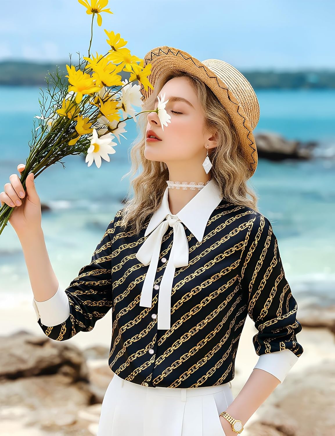Womens Bow Tie Silk Blouse Vintage Chain Print Long Sleeve Button-Down Shirts Business Casual Elegant Tops