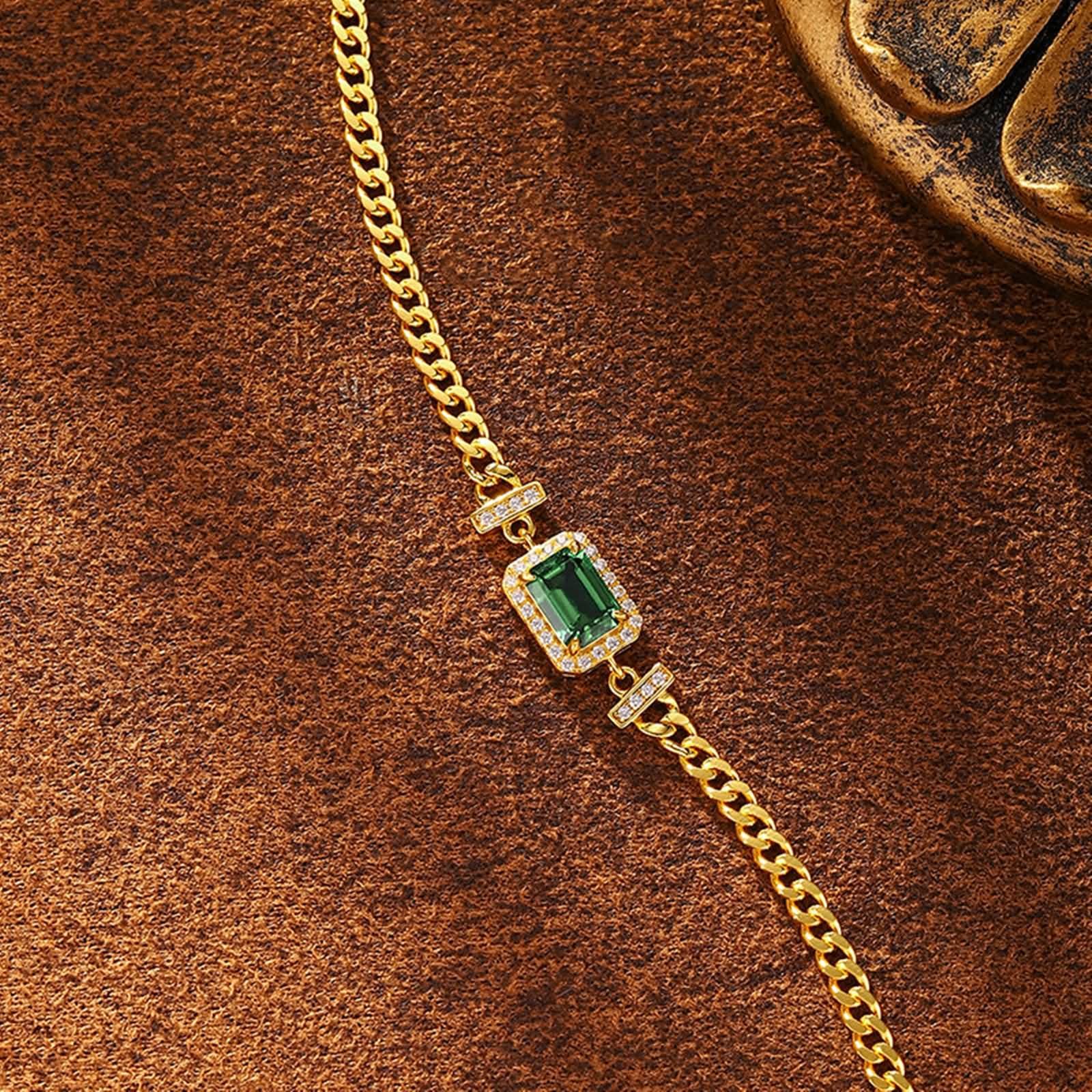 Donna Bracciale Oro 9 Carati / 14 Carati / 18 Carati 750, Rettangolo con Smeraldo Sintetico da 1ct e Moissanite, Regolabile 16 CM + 5 CM, Bracciale Catena Verde Oro Donna