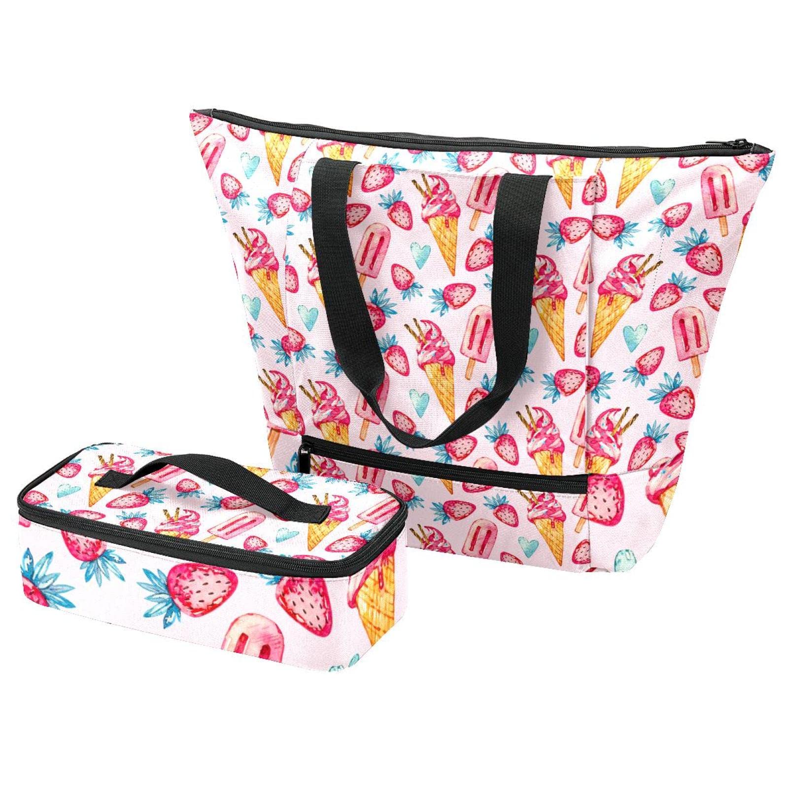 Grand sac fourre-tout et boîte à déjeuner aux fraises glacées + sacs isothermes pour voyage, travail, école, pique-nique, multicolore, Taille Unique