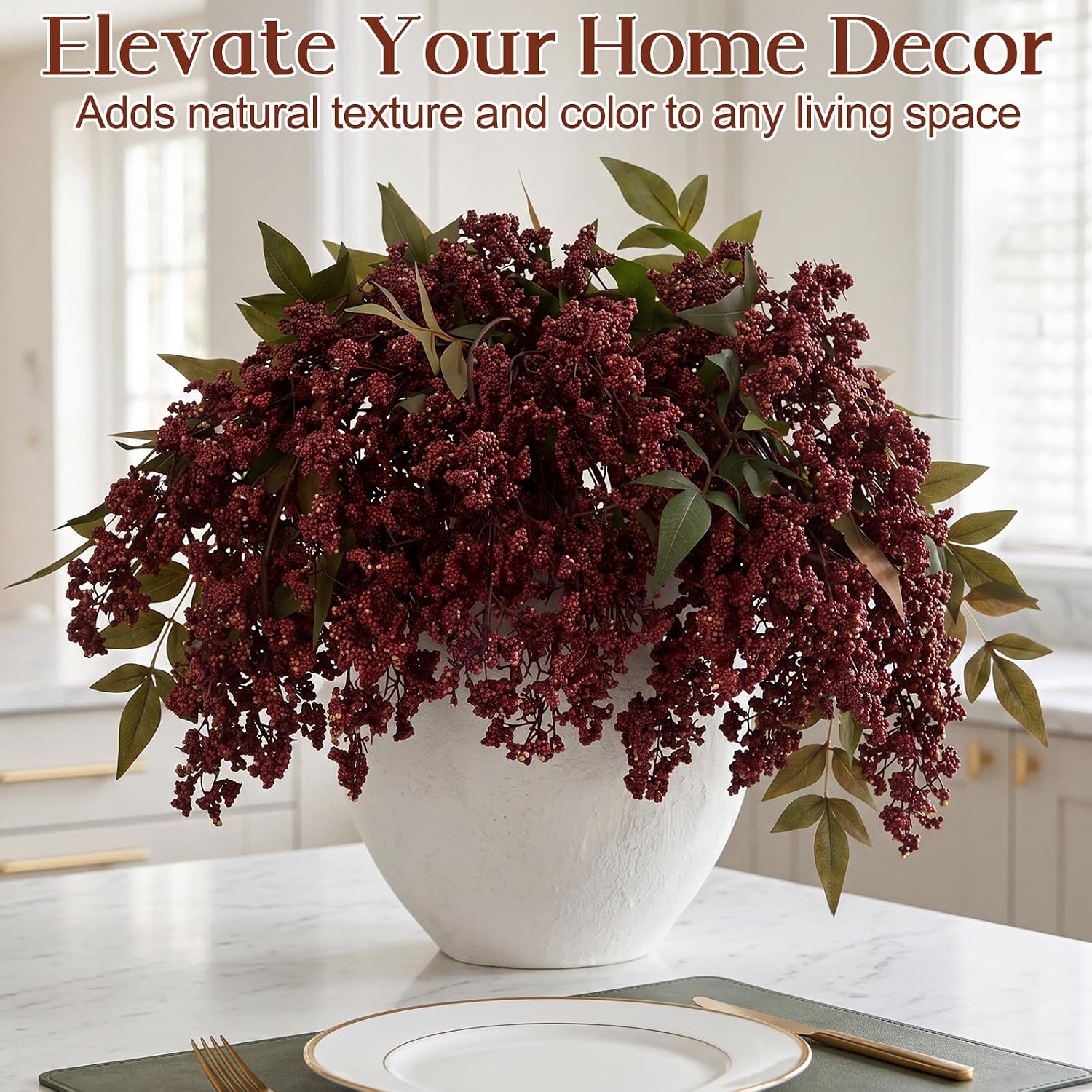 Dingion 3 Pcs 43 Inch Burgundy Berry Stem for Vase Fall Artificial Faux Sedum Berry Stems Autumn Realistic Flowers Picks Spray Floral Branches for DIY Wedding Bouquet Mantel Holiday Harvest Home Decor