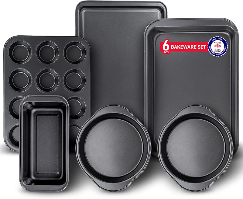 Juego para hornear – 6 piezas – Revestimiento negro antiadherente de lujo por dentro y por fuera – Juego de utensilios para hornear de acero al carbono – Sin PFOA, PFOS ni PTFE de Bakken