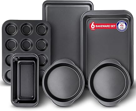 Bakken 6-Piece Non-Stick Bakeware Set - Carbon Steel Pans With Red Silicone Handles (PFOA Free)