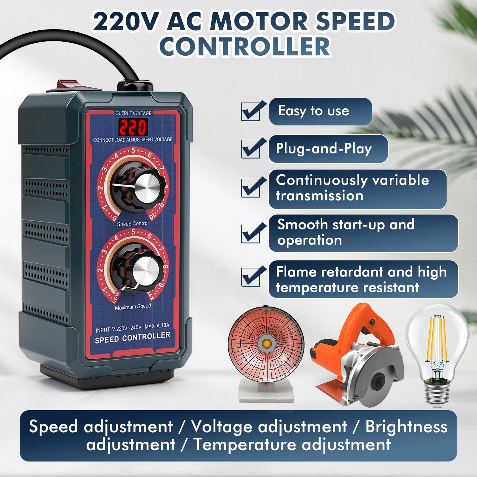 Regulador de Voltaje, Regulador de Velocidad Motor 220V 10A 2000W Controlador Velocidad Continuo con Dos Perillas Ajustable para Amoladoras angulares/Sopladoras/Taladros de mano/Ventilador extractor