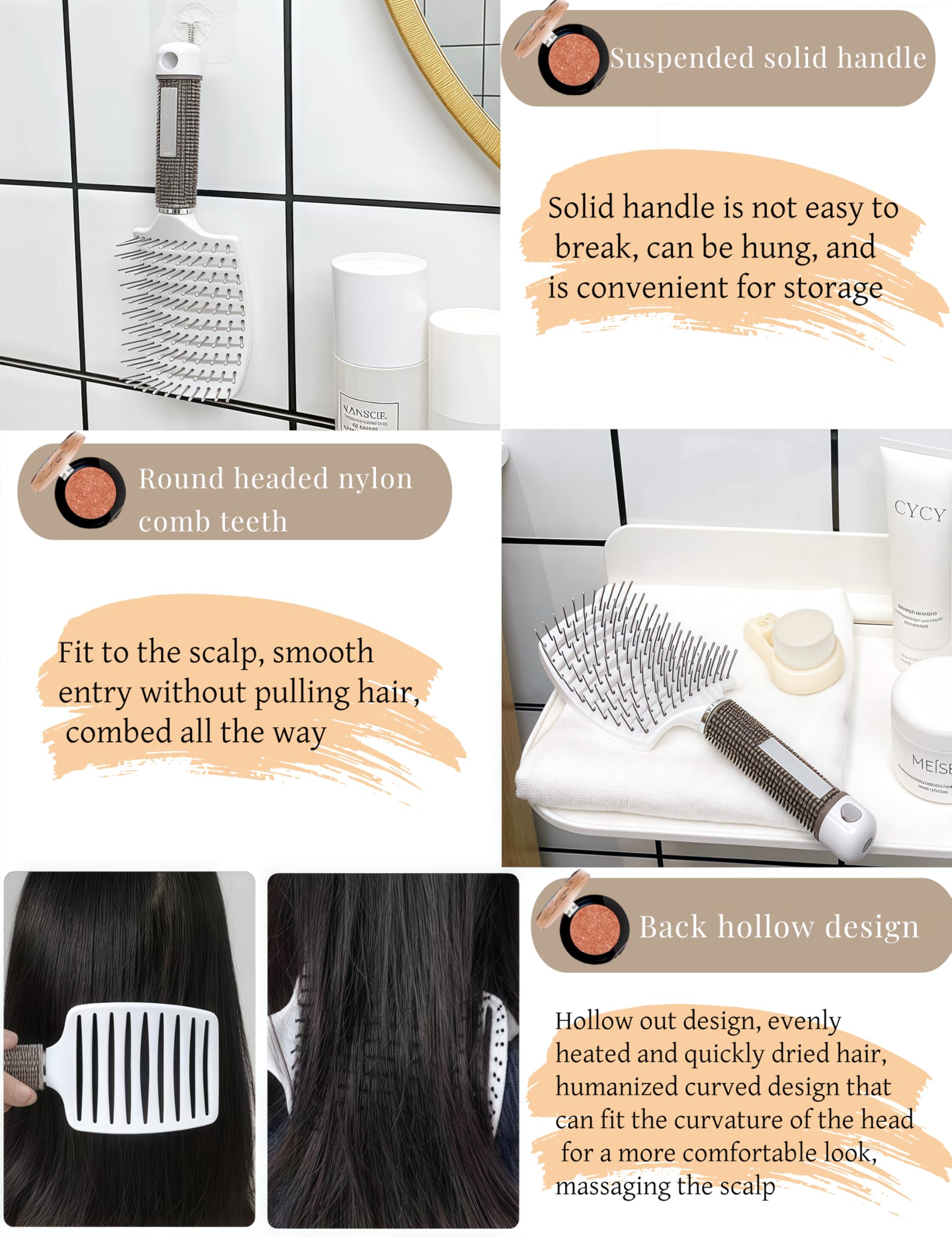 2 cepillos curvados con ventilación, cepillo para cabello grueso, cepillo desenredante de secado rápido para mujeres/hombres